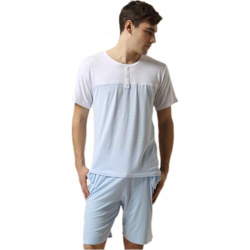 2021 Summer Men Casual Striped pijama hombre verano Cotton Sleepwear suit Mens short sleeve O-neck collar t shirt & Half Pants