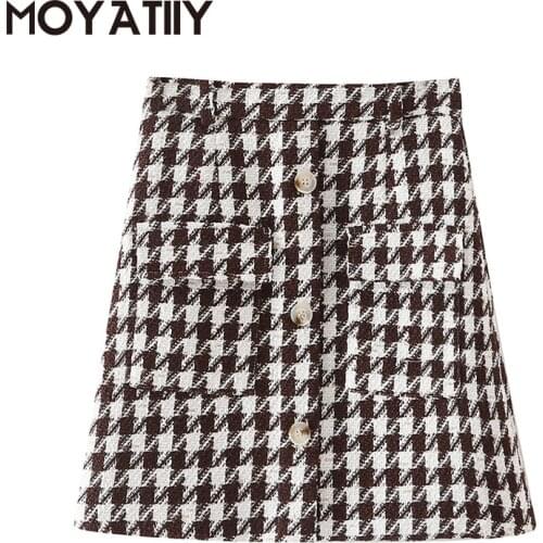 MOYATIIY Fashion Women 2021 Autumn Hip Sort Skirt Office Lady Houndstooth Plaid Highstreet Skirts Female Buttoms with Belt New