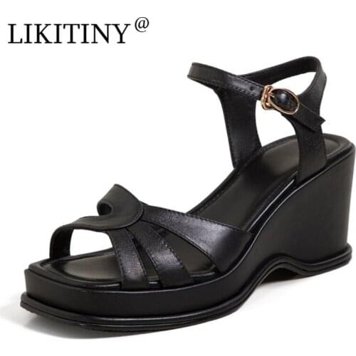 NEW LIKITINY 2021 Summer Temperament Square Head Sandals Fashion Concise Leisure Wedges Buckle strap Beige Womens shoes