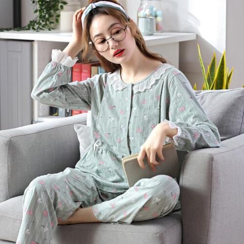 100% Cotton Maternity Nursing Nightwear Spring Autumn Breathable Fashion Lace Sleepwear for Pregnant Women Pregnancy Pajamas