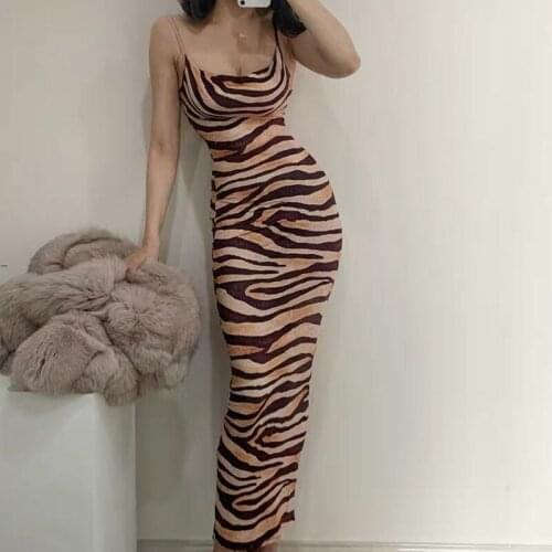 Sexy Sling Dress Female Long Skirt Summer New Fashion Striped Print Slim Fit Hip Dress Sexy Dresses Party Night Club Dress