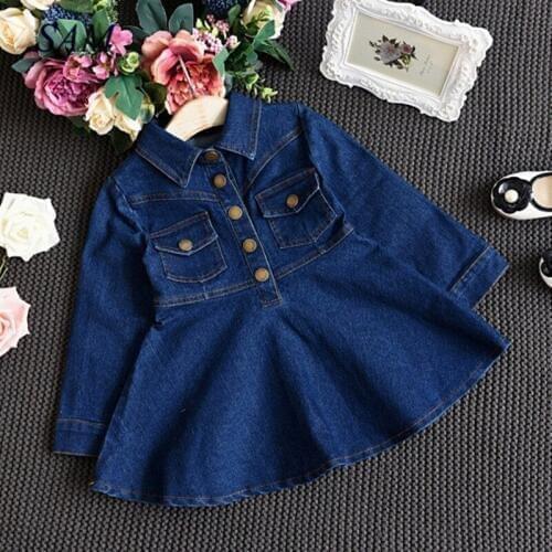 Girls Dresses 2020 Spring and Autumn New Childrens Clothing Girls Fashion Single-Breasted Long-Sleeved Lapel Denim Dress