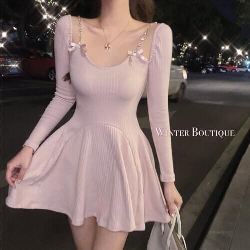 Pink long-sleeved knitted dress for women winter new style Korean spaghetti sexy off shoulder short mini dresses