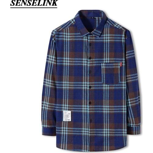 Men Long Sleeve Blue Plaid Shirt Spring New Men Korean Cotton Casual Loose Shirt Men Big Size Hong Kong Style Japanese Men Shirt