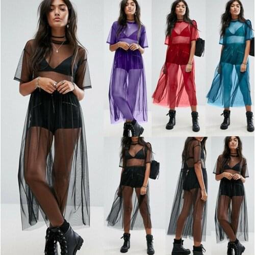 Sexy T Shirt Women Black Gauze Mesh Sheer Tops Sheer Long Shirts Casual Loose T-Shirts Transparent Long Short Sleeve Tops