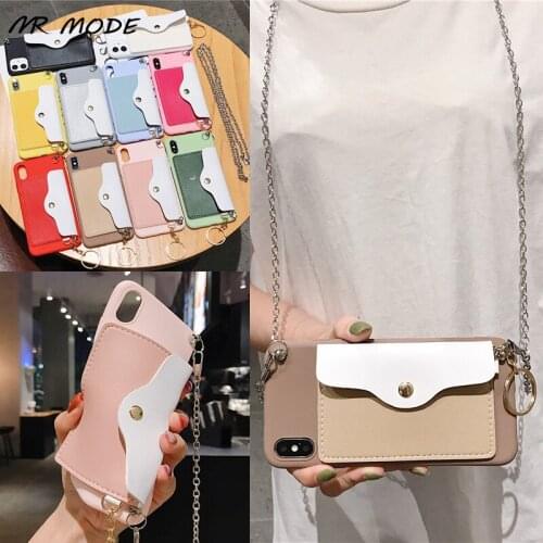 Silver Chain Lanyard Crossbody With Card Pocket Candy Case For iPhone 12 11 Pro MAX Mini XS MAX X XR 8 7 Plus Soft Wallet Cover