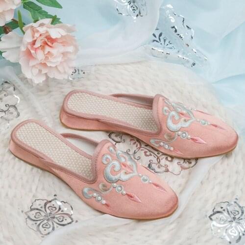 Women Chinese Satin Silk Floral Embroidery Slippers Slides Slip On Flats Flip Flop Mules 4Colors New 2022