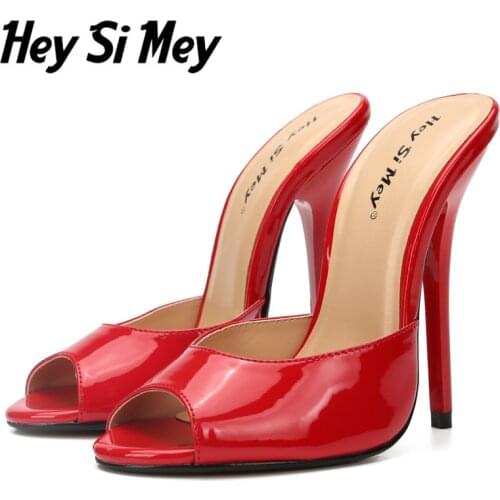 Hey Si Mey Sexy High Heels Women Slippers Outdoor Designer Summer Slides Women Mules Shoes Patent Leather Black White Flip Flops