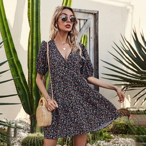 Temperament V Neck Chiffon Floral Print Lantern Sleeve High Waist Dress Women Casual Boho Streetwear Elegant Beach Party Dresses