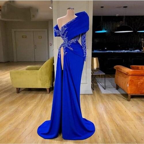 Royal Blue Evening Dresses One Shoulder Beaded with Rhinestones High Side Split Long Sleeve Prom Dresses Party Gowns 2020