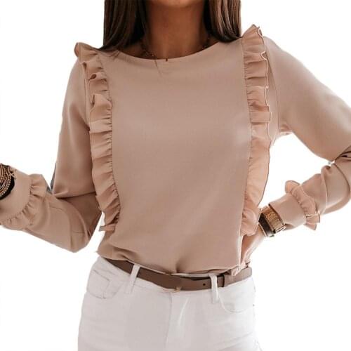Women Casual Solid Color Long Sleeve Ruffled Edge Back Buttons Shirt Blouse Top Femme Shirt Jacket Coat