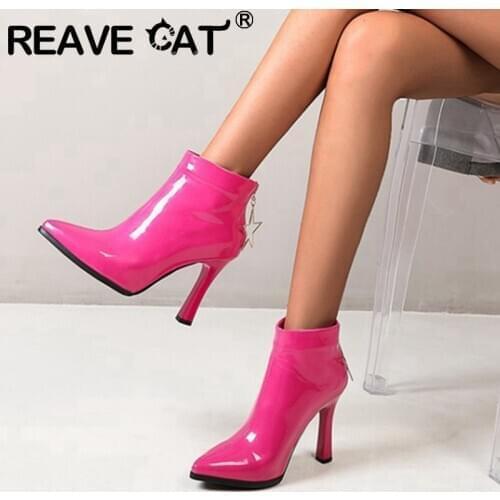 REAVE CAT Ladies Ankle Bootie Pointed Toe 10.5cm Thin Heels Patent Leather Zip Star Colorful Waterproof Big Size Spring C2236