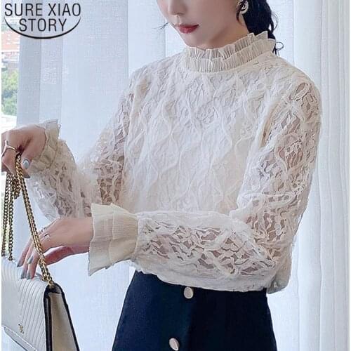 Women Tops Lace Blouse Autumn Long Sleeve Blouses Spring New Stand Collar Hollow Out Clothes Fashion Ladies Solid Blusas 13326