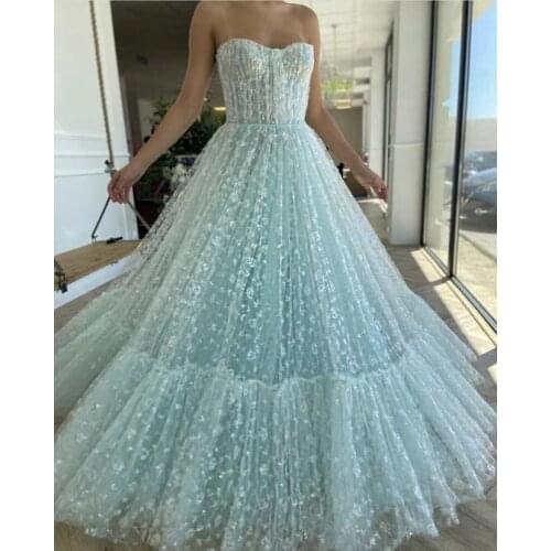 LORIE Sparkly Sequined Tulle Light Blue Prom Dresses Sweetheart Shiny Princess Pocket Evening Dresses Vestidos De Noche 2021