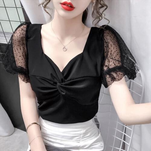 Blouse Women Square Collar Mesh Puff Sleeve Short Sleeve Shirts Womens Summer Slim Top Blusas Ropa De Mujer