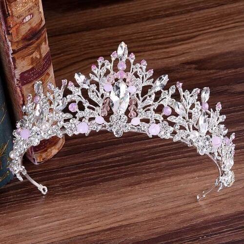 Luxury Rhinestone Princess Bride Tiaras Crown Hair Jewelry Pink Crystal Leaf Noiva Diadem Headdress Wedding Hair Accessories SL