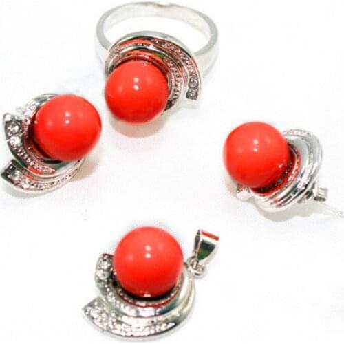 Hot sell new - wholesale nice christmas red jade 18kgp stud earring pendant & ring(#7.8.9) jewelry set