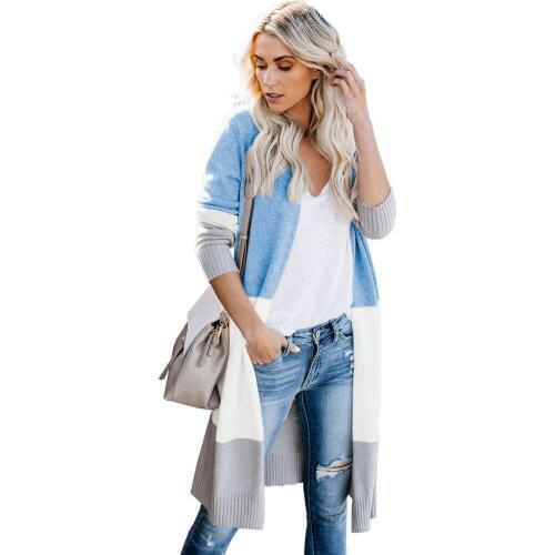Spring Winter Love The One You're With Colorblock Cardigan Sweaters Fashion Open Front Long Sleeve Knee Length Casual Loose Coat
