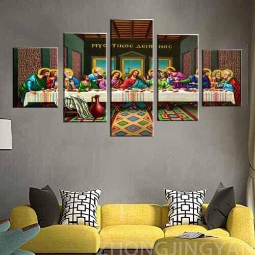 Last Supper Painting with Frame Large Jesus Wall Pictures for Living Room Canvas Print Catholic Faith Modern Painting 5 Piece Po