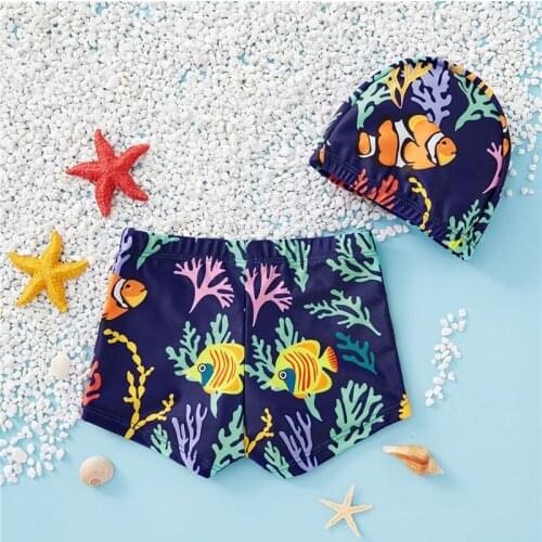 Meihuida 2021 Kids Beach Shorts with Hat Boys Plant Fish Print High Waist Swimming Trunks+ Swimming Cap for Summer Navy Blue