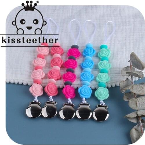 Kissteether Metal Pacifier Clips Rose Flower Pacifier Clips Chain Baby Nipple Holder for Infant Lovely Girl Teething Chain