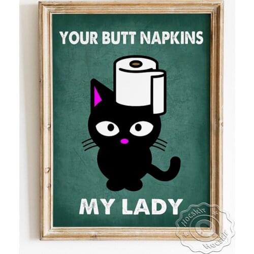 Cute Toilet Wall Stickers Vintage Poster, Restroom Art Prints Canvas Painting, Black Cat Cartoon Portrait Lavatory Home Decor