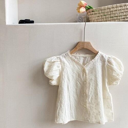 2021 Summer New Korean Style Baby Girls Lace Cotton Blouses Embroidery Floral Puff Sleeve Kids Tops Pure Color Children Shirts