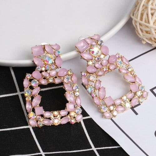 Wholesale Square Design Earring Woman Colorful Rhinestone Geometric Big Earrings For Women 2021 Trend Crystal Hanging Ear Ring