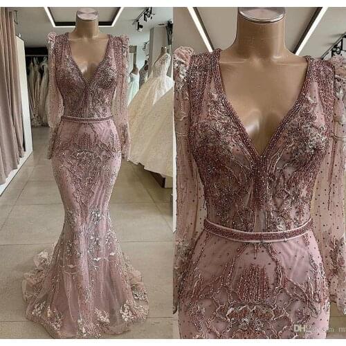 Luxury Dusty Pink Lace Appliqued Mermaid Prom Dresses Vintage Long Sleeves Sequin Beaded Evening Gown Long Formal Party Pageant