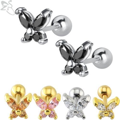 ZS Butterfly Shape Stainless Steel Stud Earrings Colorful CZ Crystal Ear Studs For Children Girls Baby Kids Cute Helix Piercings