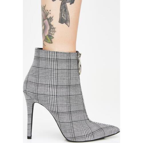 Sestito 2018 Women Fashion Grey Gingham Stiletto Heels Ankle Boots Ladies Autumn Pointed Toe Short Boots Girls Front Zip Shoes