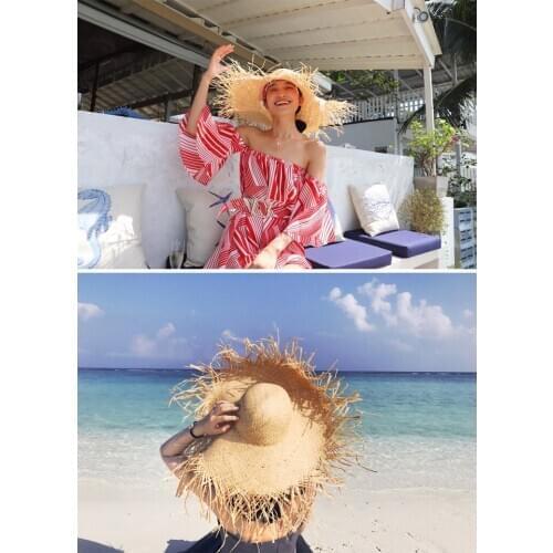 Straw Hat With Fur Brim Flat Top And Large Brim Lafite Straw Hat Lady Summer Beach Hat Holiday Sun Block With Large Brim