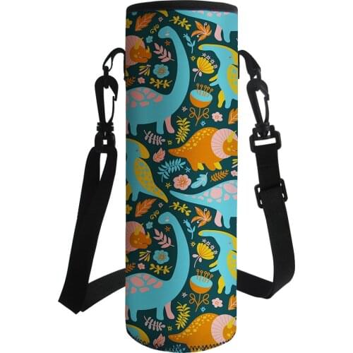 Cartoon Dinosaur Sports Water Bottles Carrier Bag W/Strap Neoprene Water Holder Shoulder Strap Black Bottle Carrier Insulat Bag