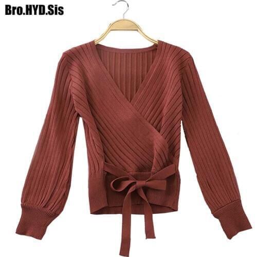 Sexy Women Sweater Deep V Neck Front Bow Tied Up Knitting Pullovers Knitted Blouse Long Sleeve Loose Fit Woman Tops 2020 Spring
