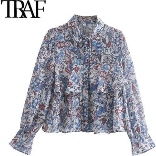 TRAF Women Fashion Paisley Print Ruffled Cropped Blouses Vintage Long Sleeve Button-up Female Shirts Blusas Chic Tops