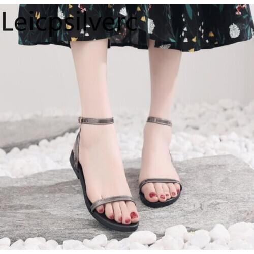 Womens Sandals summer The New fashion Solid Narrow Band Open toe Buckle flat Womens shoes plus size 34-43