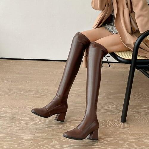 Lady New Fashion Leather Elastic Boots Thick First Layer Cowhide Square Toe Female Cross Tied Slip On Autumn Winter Knight Boots