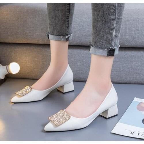 2021 spring new pointed shallow mouth single shoes female high-heel work shoes thick heel fashion large size wedding shoes