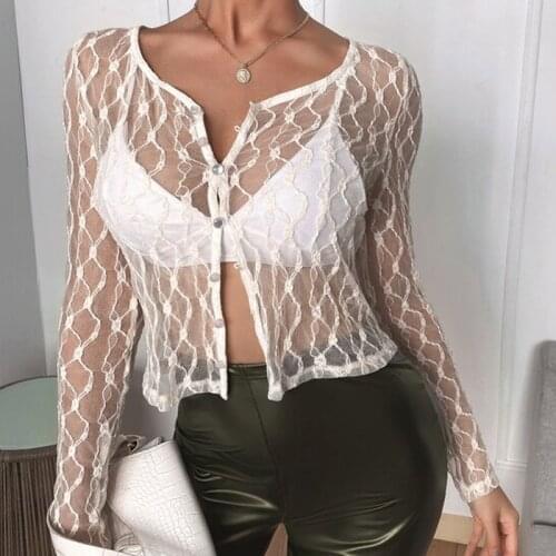 Womens Sexy Crop Top Cardigans Clothes 2021 Summer Long Sleeve Mesh Sheer Transparent Crop Tops Short Cardigan Tops T-Shirts