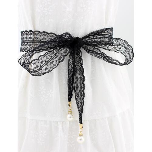 Women Fashion Belts Lace Hollow Girdle Thin Pearl Belt Rope for Dresses Tassel Waistband Belt Knot Decorated Narrow Ribbon Black