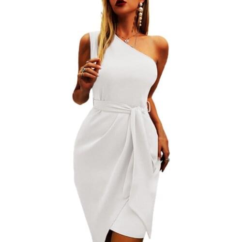 Summer Cocktail Dress Women Elegant Solid Color Slim Slash Shoulder Sleeveless Belt Female White Dress Wedding Party Vestidos