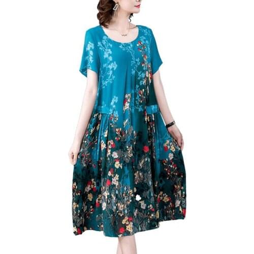 Blue Vintage Floral Print Women Summer Dress 2021 Casual O-Neck Short Sleeve A-Line Chiffon Beach Midi Dresses Vestidos FC1310