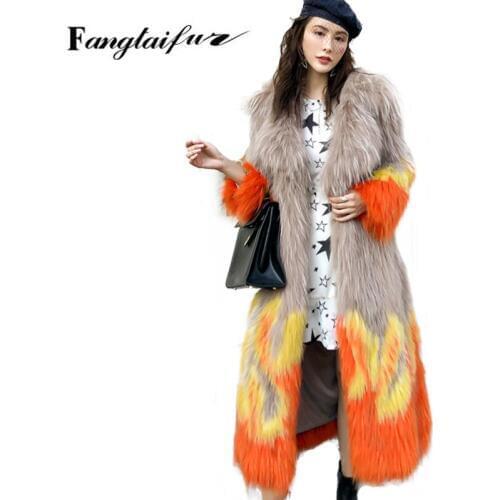 Fang Tai Fur 2019 Women Import Fox Fur Coat Slim Turn-Down Collar Print Fox Fur Coats Womens Causal Real X-Long Fox Fur Coats