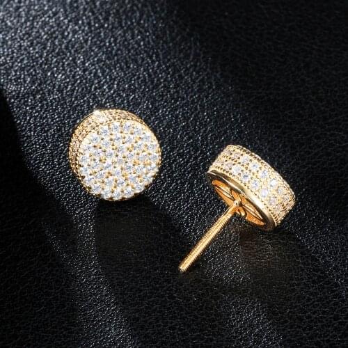 Hip HOP 1Pair Micro Full Paved Rhinestone Zircon CZ Stone Round Bling Iced Out Stud Earring Gold Copper Earrings For Men Jewelry