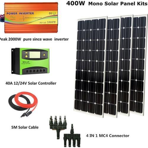 4pcs 100W Monocrystalline Solar Panel Module with Peak 2000W inverter and 40A controller Houseuse Complete 400W Solar System Kit