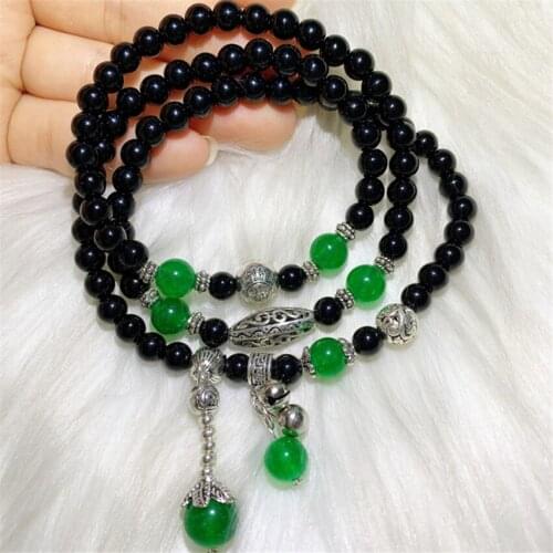 6mm 108 Black Agate Green jade Gemstone energy Bracelet Handmade Healing Elegant Wristband Lucky Meditation Spirituality