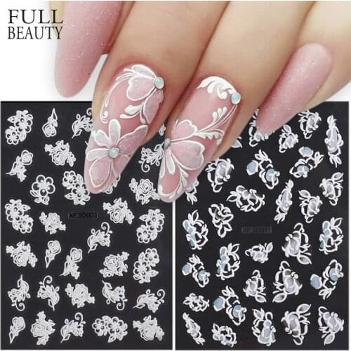 White Nail Stickers Engraved Embossed 3D Design Big Flower Butterfly 5D Sliders Decals Nail Art Decoration Tips CHXF5D001-021
