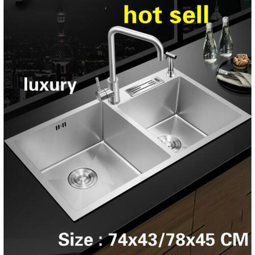 Free shipping Apartment luxury kitchen manual sink double groove do the dishe 304 stainless steel hot sell 74x43/78x45 CM