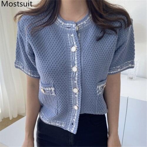 Summer Vintage Knitted Cardigan Tops Women Short Sleeve Pockets O-neck Sweater Jumpers Korean Elegant Ladies Cardigan 2021