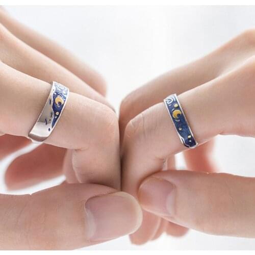 2Pcs S925 Silver Plated Van Gogh Blue Starry Sky Open Lover Rings Band Love Forever Ring Set Romantic Jewelry